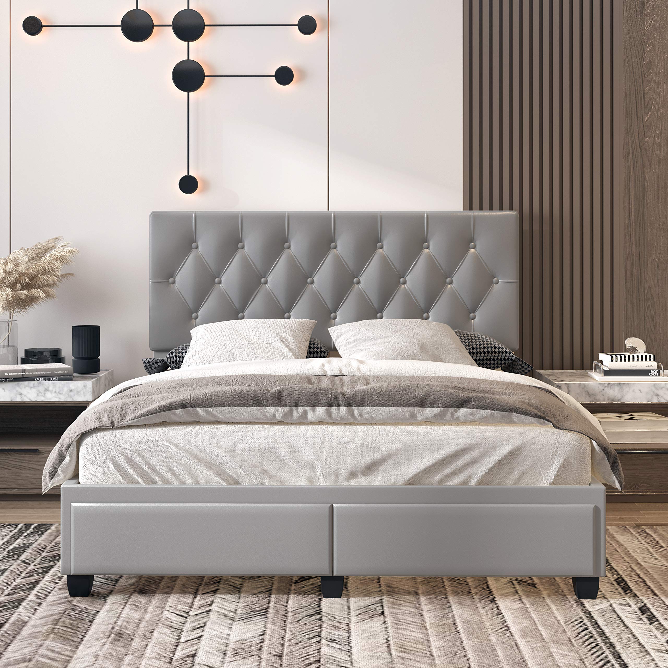 Boyd Sleep Verona Upholstered Platform Bed Frame Mattress Foundation With Headboard, Dual Front Storage Drawers, And Strong Wood Slat Supports: Button Tufted Faux Leather, Grey, Queen